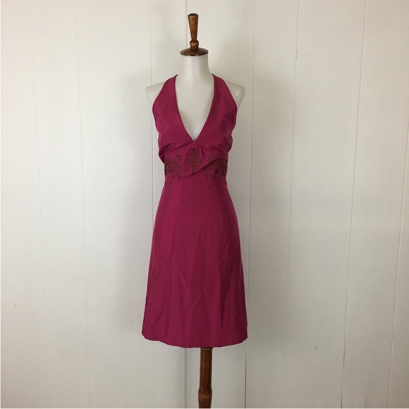 90s Laundry Shelli Segal Vintage Embroidered Silk Sleeveless Halter Sheath Dress - Picture 1 of 8